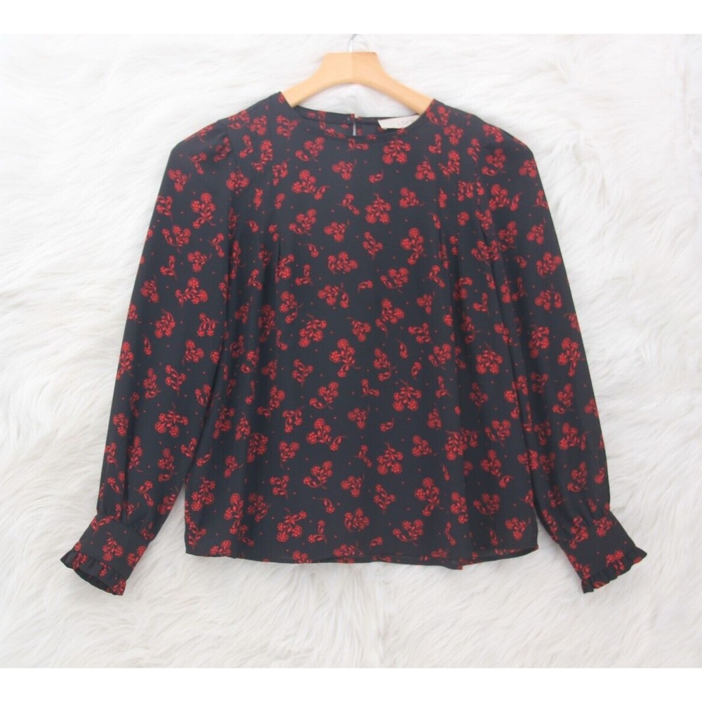 LOFT Women's Long Sleeve Black Red Lightweight Blouse Floral XSP #1544